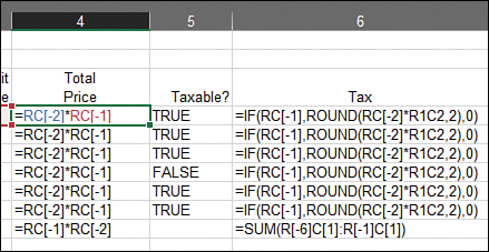 This figure repeats the view from Figure 5-4, but the worksheet is in R1C1 Formula mode. In this mode, every formula in column 4 is identical: =RC[-2]*RC[-1]. Even in column F, the formula with absolute references is identical all the way down the column: =IF(RC[-1],ROUND(RC[-2]*R1C2,2),0).