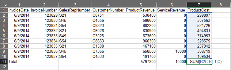 Even tricky cell references such as =G$2:G10 can be written in R1C1 style. The formula in G11 is =SUM(R2C:R{-1]C). In this formula, the R2 without any square brackets means that you always want to point to row 2. The R[-1]C with square brackets around the -1 means that you always want to point to the row above.