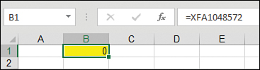 This image illustrates an apparent bug. If you use VBA to enter an R1C1 formula in B1, the formula tells Excel to point five rows up and five columns to the left. Excel points to XFA1048572.