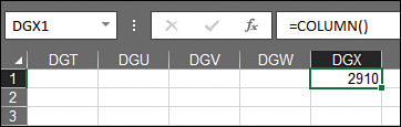 While in A1 style, it is difficult to figure out the column number for a column. In this image, a formula of =COLUMN() is entered in cell DGX1. The answer of 2910 means that DGX is the 2910th column. An R1C1 formula would refer to =R1C2910 to refer to DGX1.