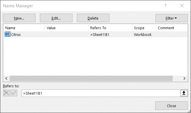 The screenshot shows the Name Manager dialog box. The name Citrus is listed, and it references cell B1, instead of A1, the cell reference in the code.