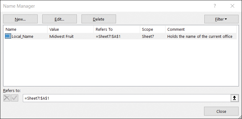 The screenshot shows the Name Manager dialog box. The name Local_Name is listed with a comment.