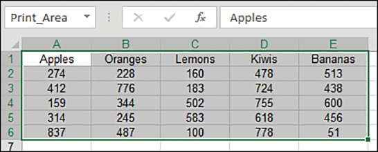 The figure shows the print area on a sheet has been selected. Print_Area appears in the Name field.