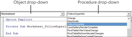 A screenshot of the drop-down menus at the top of the Programming window. The left drop-down menu is called Object and is currently set to Worksheet. The right drop-down menu is called Procedure. The Procedure drop-down menu is open and lists several Worksheet events.