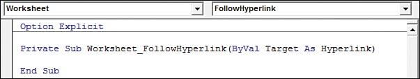 The figure shows the drop-down menus at the top of the Programming window. The worksheet-level event FollowHyperlink has been selected in the Procedure list. The header and footer for the event are shown in the code part of the Programming window.