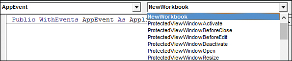 A screenshot of the drop-down menus at the top of the Programming window. The Object menu is set to AppEvent. The Procedure menu is open and lists several Application events.