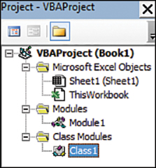 A screenshot of the Project Explorer. A class module, Class1, is selected in the Class Modules folder.