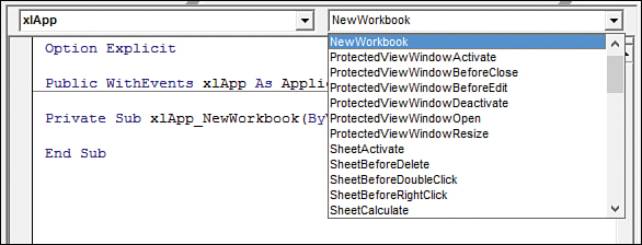 A screenshot of the drop-down lists at the top of the Programming window. The Object drop-down list is set to xlApp. The Procedure drop-down list is open and shows several Application events.