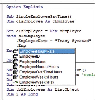 A screenshot of several lines of code. An object IntelliSense window is open, listing the various properties and the method we created for the custom object.