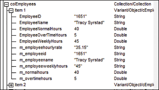 A screenshot of the custom object in a collection. The multiple properties and values of the custom object, such as EmployeeID and EmployeeName, are listed.