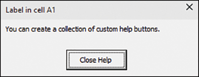 A message box displaying the text of the help button assigned to cell A1.