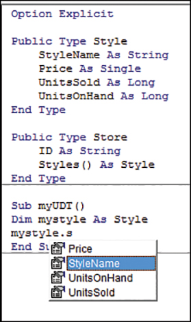 A screenshot of some code. Two UDTs have been declared at the top of the module. In a procedure, IntelliSense appears to help select a property of the UDT object.