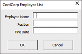 A userform with three text fields and corresponding labels for Employee Name, Position, and Hire Date.