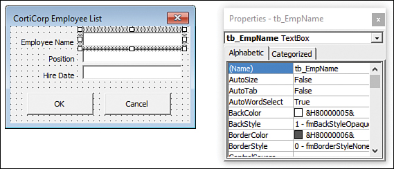 The left image is a userform with the text box entry field for Employee Name selected. The right image is the Properties window for the selected text box.