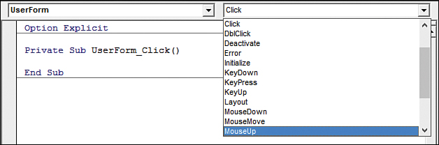 A screenshot of the drop-down menus at the top of the Programming window. The Object drop-down menu is set to UserForm. The Procedure drop-down menu is open and lists several UserForm events.