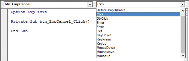 A screenshot of the drop-down menus at the top of the Programming window. The Object drop-down menu is set to a button control, btn_EmpCancel. The Procedure drop-down menu is open and lists several events available to button controls.