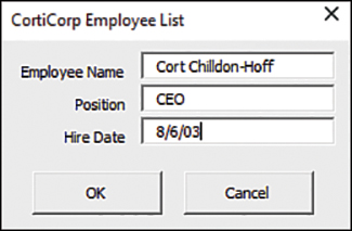 A userform with Employee Name, Position, and Hire Date filled out.