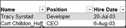 A data set showing the employee data that was filled out in the form.