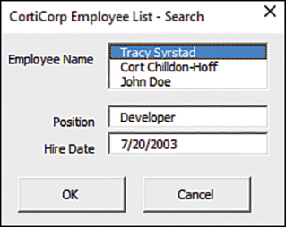 A form with a list box from which the user can select an employee name.