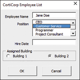 The figure shows a form with option buttons to select which building the selected employee is assigned to. The option buttons are contained within a frame.