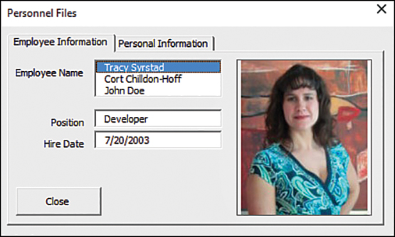 The figure shows a multipage userform with two tabs: Employee Information and Personal Information. The Employee Information tab is the active tab. It reflects information about the employee's employment.