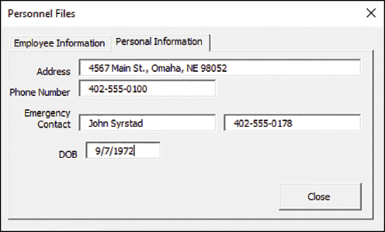 The figure shows a multipage userform with two tabs: Employee Information and Personal Information. The Personal Information tab is the active tab. It has different fields from the first tab.