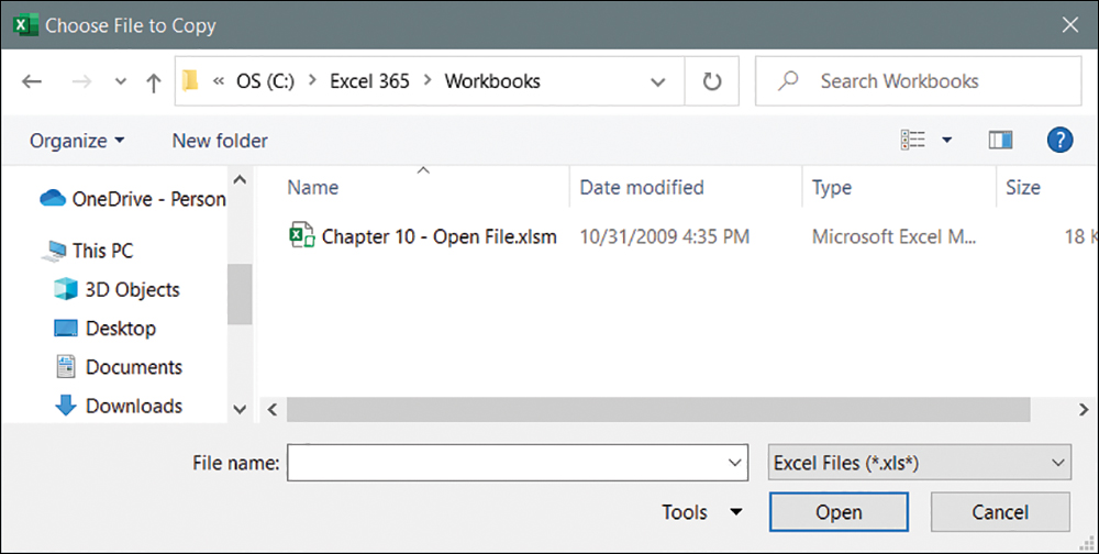 A screenshot of a dialog box requesting the user to select a file. The file types have been limited to show only Excel workbooks.