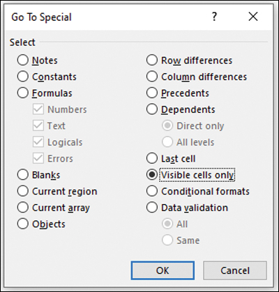 The figure shows the Go To Special dialog box, which offers a choice for Visible Cells Only.