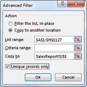 The figure shows the Advanced Filter dialog box, which offers a choice between Filter The List, In Place or Copy To Another Location. Three reference boxes show the List Range, Criteria Range, and Copy To Range. A check box offers Unique Records Only.