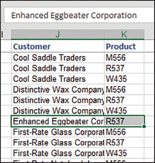 The figure shows the output range, which includes headings for Customer and Product. The first unique customer, Cool Saddle Traders, appears three times, each row with a different product.