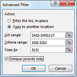 This Advanced Filter dialog box in the figure specifies Copy To Another Location. The List Range is A1:H1127. The Criteria Range is J1:J2 and the Copy To range is L1. The Unique Records Only box is checked.