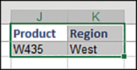 The figures shows a criteria range in J1:K2. The headings in row 1 are Product and Region. The product in J2 is W435, and the region in K2 is West. Any filter using this criteria range returns sales of product W435 in the West region.