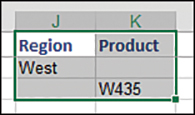 The figure shows a criteria range that's two columns by three rows tall. Headings in Row 1 are Region and Product. West is alone on row 2, in J2. W435 is alone on row 3, in K2. This arrangement implies a logical OR.