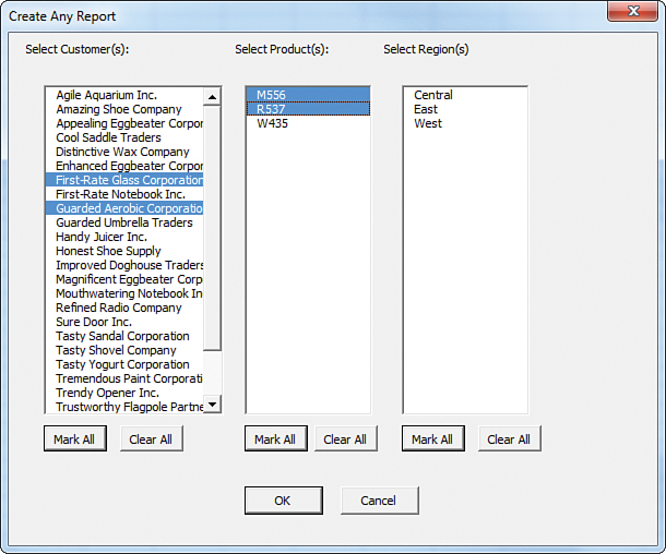 The figure shows a userform with three columns. The first lists 20+ customers. The second lists three products. The third lists three regions. You can multi-select items from each column. In this example, two customers and two products are selected. The discussion continues in Figure 11-15.