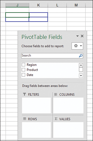 The figure shows cells J2:K3 with borders. This is the empty pivot table created with the CreatePivotTable method.