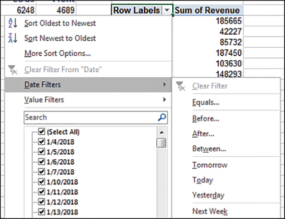 In the figure, a filter drop-down menu on a date field includes a flyout menu for Date Filters. You can choose Equals, Before, After, Between, Tomorrow, Today, Yesterday, or Next Week.