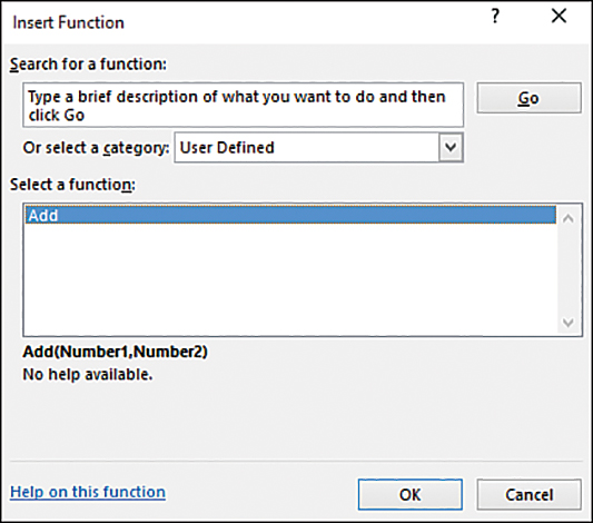 The screenshot shows the Insert Function dialog box. User Defined is selected in the category drop-down menu. The custom function, Add, is selected in the list box.