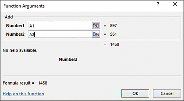 The figure shows the Function Arguments dialog box. A1 is entered in the first argument box; A2 is entered in the second argument box.