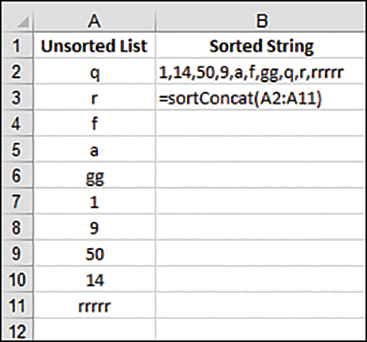 The figure shows a sheet with an assortment of numerical and text values in column A. In B2, the values are listed sorted, and each value separated by a comma. In B3 is the formula used in B2.