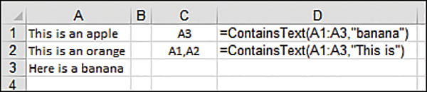The figure shows a sheet with several phrases in column A. Column C lists the cell addresses for the cells that include the searched-for text. A comma is used to separate results that return multiple cell addresses. Column D shows the formulas used to return the results in column C.