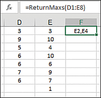 The figure shows a data set in columns D and E. Cell F1 shows the cell addresses of the cells with the largest value. The formula used in the cell is shown in the Formula Bar.
