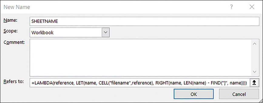 The figure shows the Name Manager open with the Name and Refers To fields filled in with the details of the LAMBDA function.