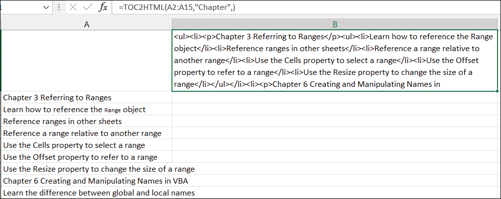 The figure shows a range of section titles in column A, some prefaced by “Chapter.” Cell B1 shows the titles formatted using HTML list elements.