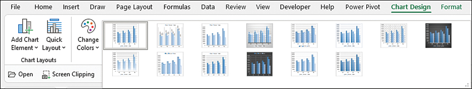 This figure shows 14 chart styles for the clustered column chart. Unfortunately, these 14 styles have different style numbers than the styles for any other type of chart.