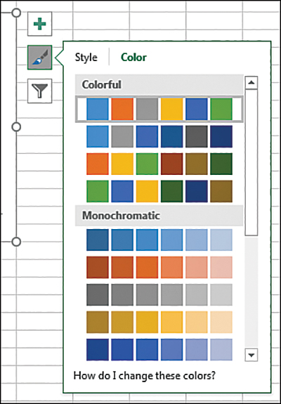 When you create a chart, a paintbrush icon appears to the top right of the chart. The color schemes shown in this menu do not correspond to the color values in VBA.