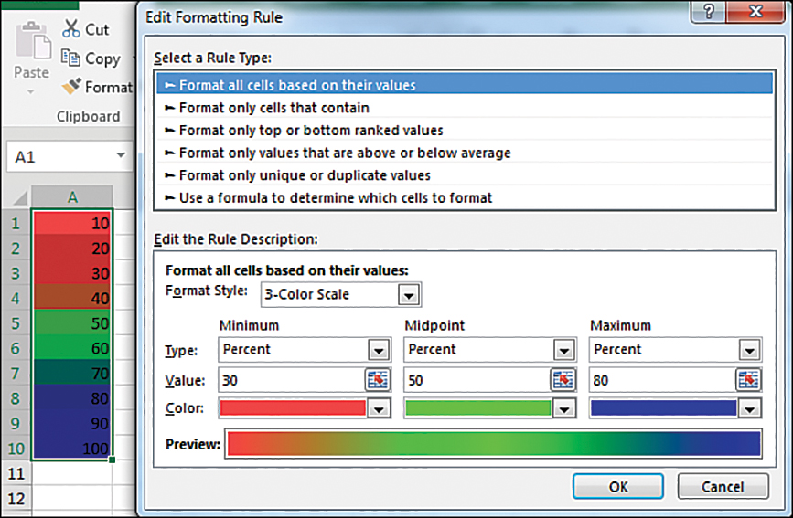 The Edit Formatting Rule dialog box lets you choose a three-color or two-color style. You choose the colors, the type, and the value for each color.