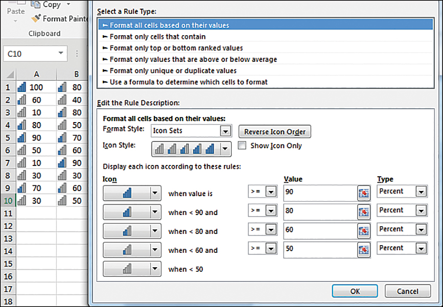 The Edit Formatting Rule dialog box shows the settings for a set with five icons. For each of the five icons, you can choose an icon, and then a drop-down menu offers = or >=. You can type a value and indicate whether the Type is Number, Percent, Percentile, or Formula.