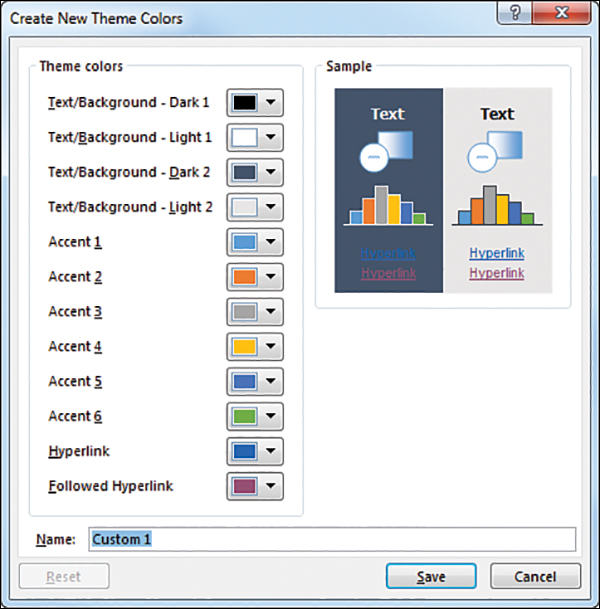 This figure shows the Create New Theme Colors dialog box. A theme has six accent colors, four text colors, plus colors for hyperlinks and followed hyperlinks.