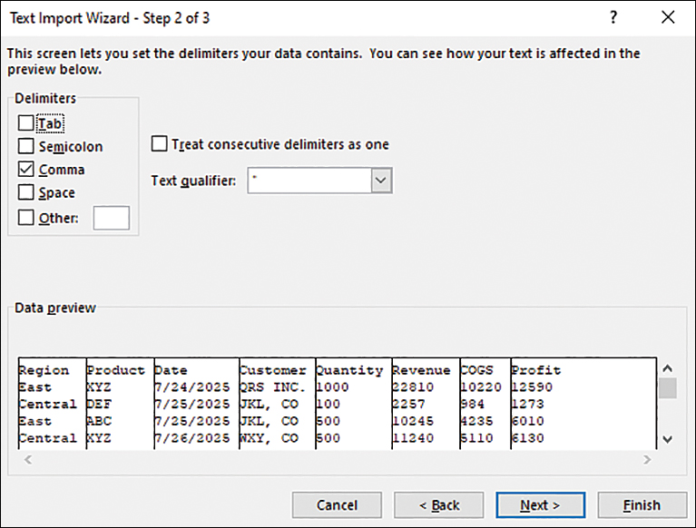 After changing the delimiter to a comma in step 2 of the Text Import Wizard, the data preview shows the data split into eight columns.