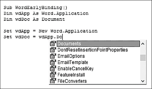 The figure shows some code in the VB Editor. Variables have been declared as Word objects and IntelliSense appears to help with syntax specific to Word.